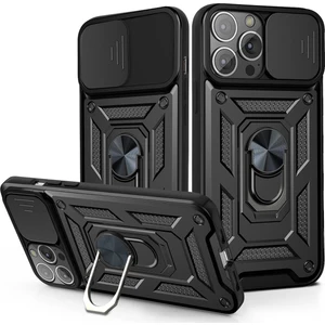 Apple iPhone 14 Pro Için Kaydırmalı Kamera Kapağı ve Yüzük Tutuculu Telefon Kılıfı - Siyah (Yurt Dışından)