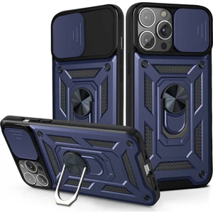 Apple iPhone 14 Pro Için Kaydırmalı Kamera Kapağı ve Yüzük Tutuculu Telefon Kılıfı - Mavi (Yurt Dışından)