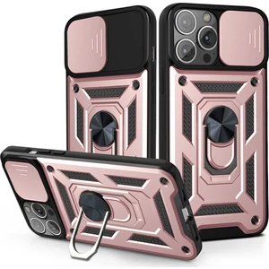 Apple iPhone 14 Pro Için Kaydırmalı Kamera Kapağı ve Yüzük Tutuculu Telefon Kılıfı - Rose Gold (Yurt Dışından)