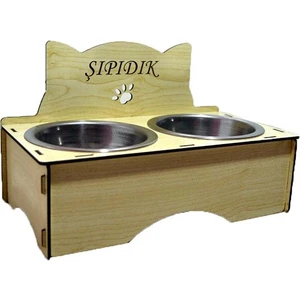 Homejamin Ahşap Kedi Köpek Mama ve Su Kabı Standı isme Özel Baskılı Çelik Mama Kabı