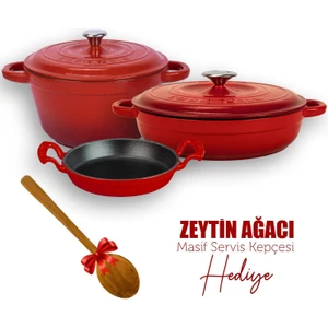 Döküm 3x New Heritage Serisi Döküm Demir Tencere Tava Seti - Kırmızı