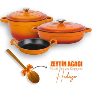 Döküm 3x New Heritage Serisi Döküm Demir Tencere Tava Seti - Turuncu