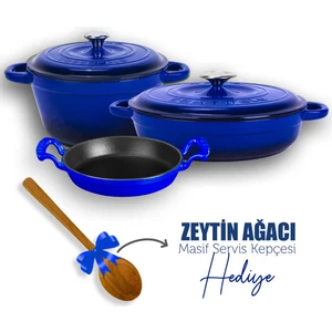 Döküm 3x New Heritage Serisi Döküm Demir Tencere Tava Seti - Mavi