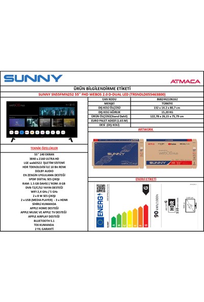 Sunny SN55FMN252 55" 139 Ekran Uydu Alıcılı 4K Ultra HD webOS Smart LED TV