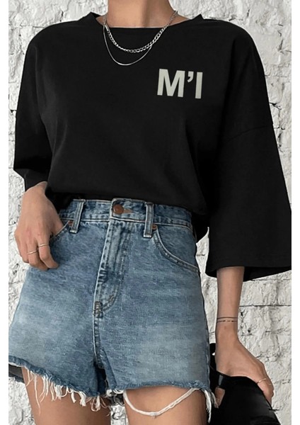 Kadın Siyah M'ı Baskılı Oversize T-Shirt