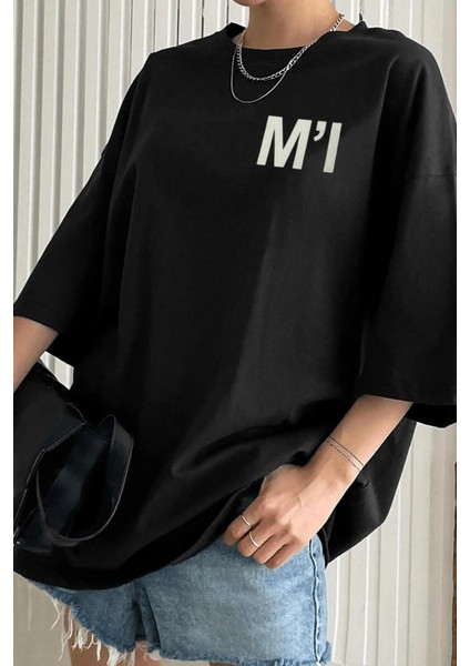 Kadın Siyah M'ı Baskılı Oversize T-Shirt