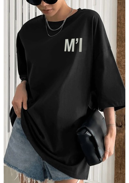 Kadın Siyah M'ı Baskılı Oversize T-Shirt