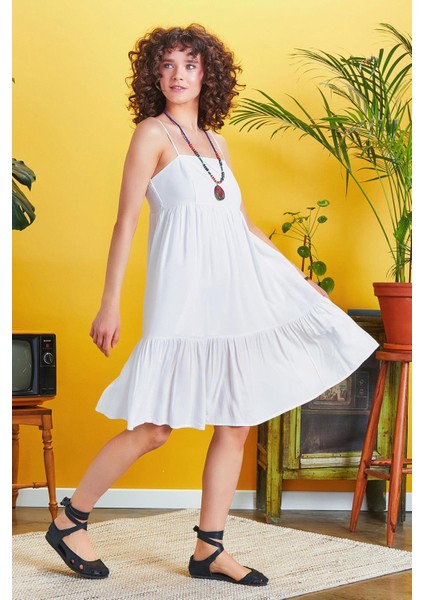 Ip Askılı Katlı Kare Yaka Elbise