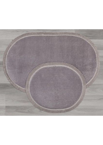 My Evilla Modern Dekoratif Halı Jel Kaymaz Taban Peluş Gri Saçaklı Oval Paspas Takımı 60X100