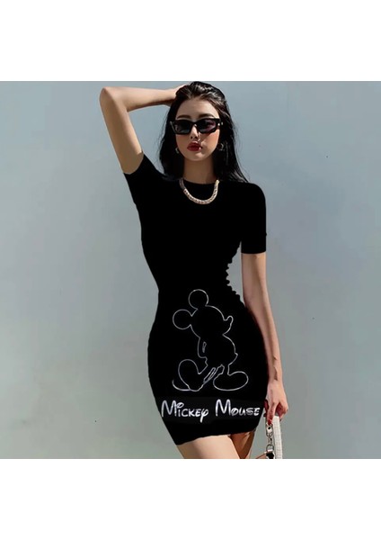 Özel Tasarım Mickey Mouse Baskılı Likralı %100 Pamuk Slim Fit Kısa Kollu Yazlık Kadın Spor Elbise