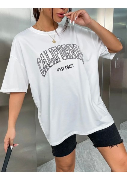 Büyük Beden Özel Tasarım Californıa Baskılı Pamuk Oversize Kadın T-Shırt modelleri