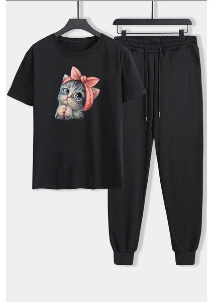 Unisex Sevimli Kedi Baskılı 2'li Eşofman Takımı