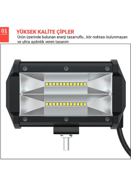 Dc 9-30V Su Geçirmez Çift Sıra 24 LED Off Road Spot Lambası 72W