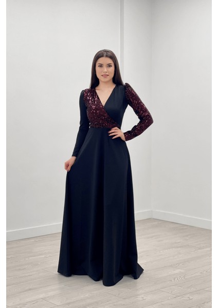 Krep Kumaş Payet Detaylı Elbise - Bordo