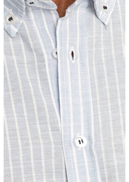 Slim Fit Uzun Kol Çizgili Keten Düğmeli Yaka Spor Erkek Gömlek