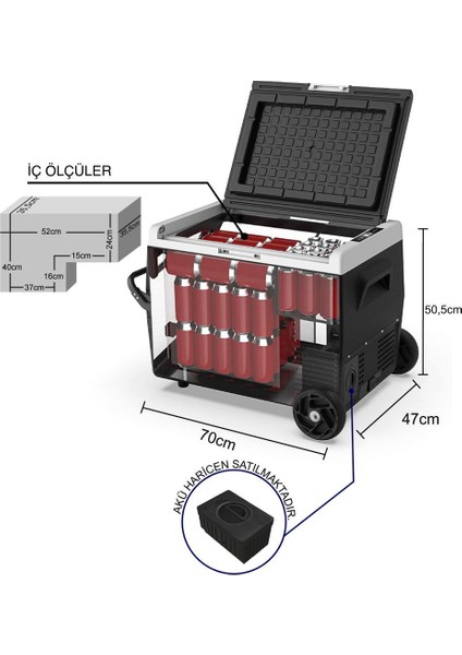 K65S 12/24VOLT 65 Litre Akülü/kablolu/ Kompresörlü Tekerlekli Outdoor Oto Buzdolabı/dondurucu (Akü Dahil Değildir)