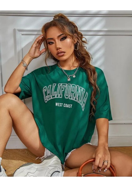 Büyük Beden Özel Tasarım Californıa Baskılı Pamuk Oversize Kadın T-Shırt