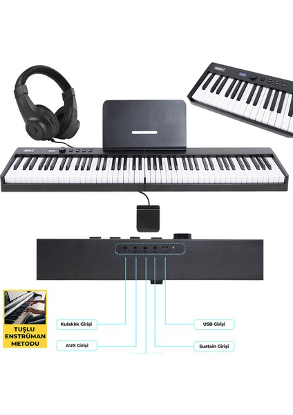 PLX-100BK Taşınabilir Dijital Piyano Tuş Hassasiyetli 88 Tuş Bluetooth Şarjlı (Sustain Pedalı Kulaklık Çanta Metod)