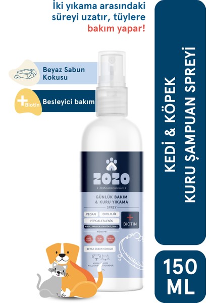 Zozo Cares Kedi & Köpek Kuru Şampuan Sprey - Beyaz Sabun Kokusu - Hipoalerjenik - 150 Ml