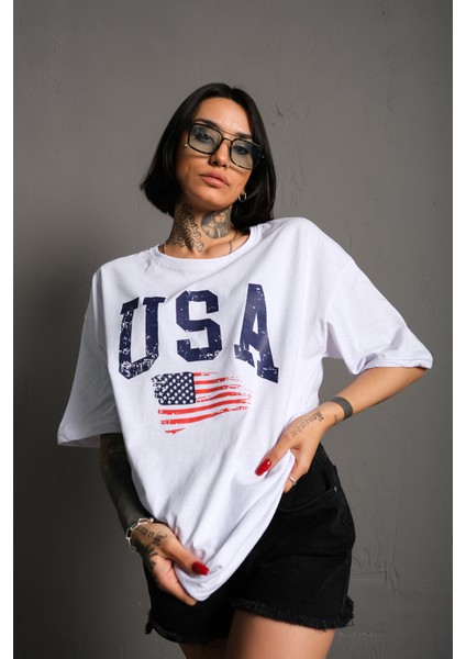 Usa Flag Baskılı Gri Oversize Tişört