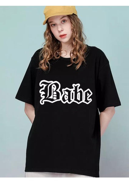 Büyük Beden Özel Tasarım Babe Baskılı Pamuk Ultra Hafif Oversize Kadın T-Shırt