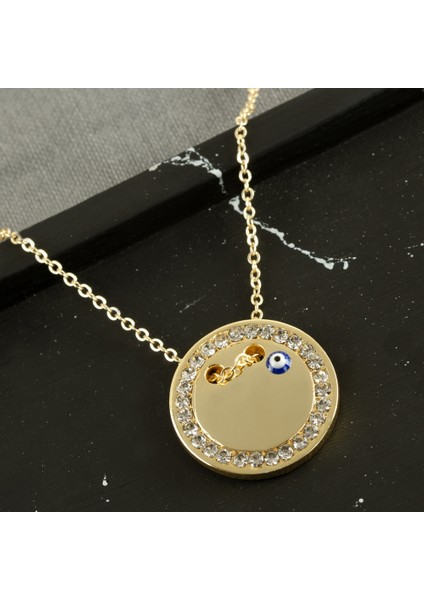 Yuvarlak İsim Yazılabilir Taşlı Boş Plaka Kolye