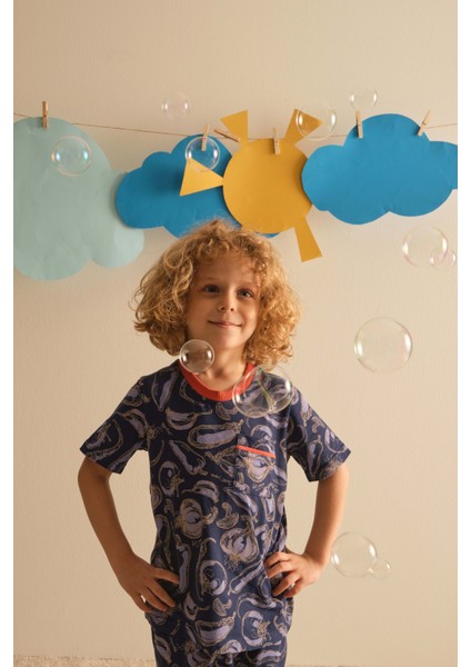 Erkek Çocuk Pamuklu Kısa Kollu Uzun Pijama Takımı
