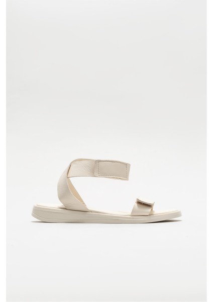 Ekru Deri Kadın Düz Sandalet