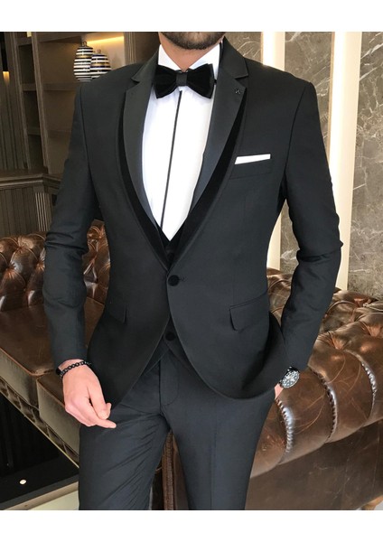 Italyan Kesim Ceket Yelek Pantolon Damatlık Set Siyah T7844