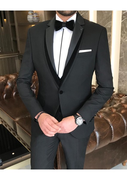 Italyan Kesim Ceket Yelek Pantolon Damatlık Set Siyah T7844 modelleri