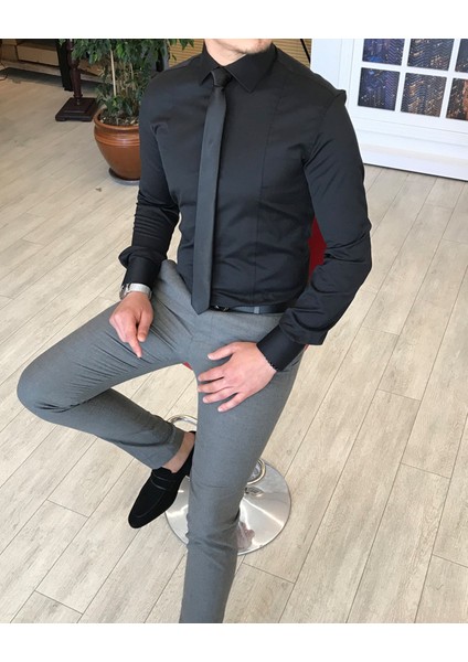 Italyan Stil Slim Fit Saten Kravat Yaka Gömlek Siyah T4767