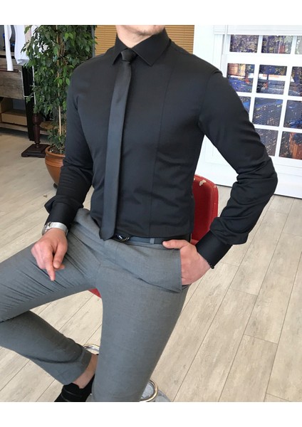 Italyan Stil Slim Fit Saten Kravat Yaka Gömlek Siyah T4767 fiyatları