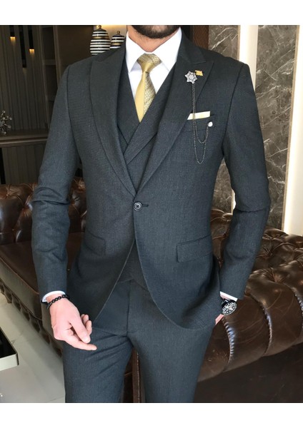 Italyan Stil Slim Fit Erkek Ceket Yelek Pantolon Takım Elbise Antrasit T9130