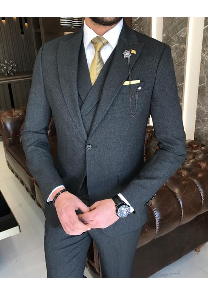 Italyan Stil Slim Fit Erkek Ceket Yelek Pantolon Takım Elbise Antrasit T9130 modelleri