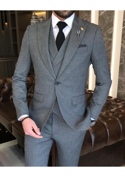Italyan Stil Slim Fit Erkek Ceket Yelek Pantolon Takım Elbise Siyah T9123