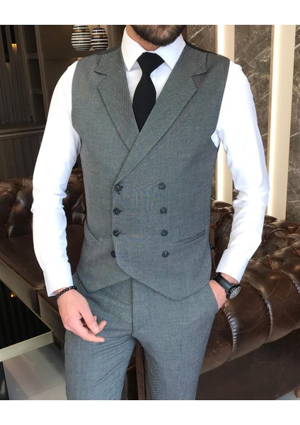Italyan Stil Slim Fit Erkek Ceket Yelek Pantolon Takım Elbise Siyah T9123