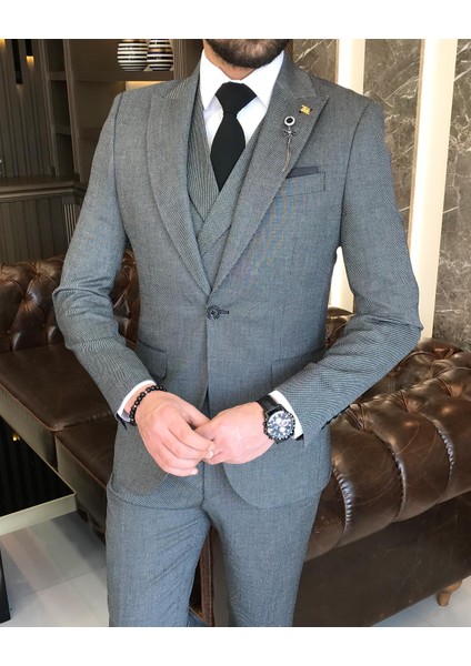 Italyan Stil Slim Fit Erkek Ceket Yelek Pantolon Takım Elbise Siyah T9123
