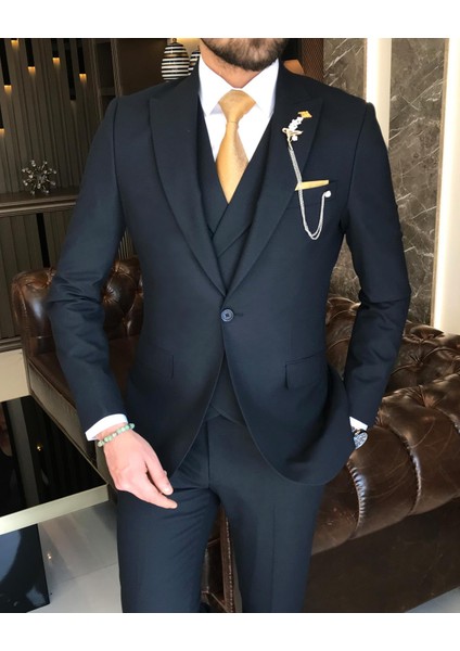 Italyan Stil Slim Fit Erkek Ceket Yelek Pantolon Takım Elbise Lacivert T9134