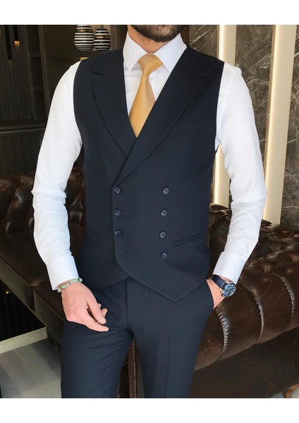 Italyan Stil Slim Fit Erkek Ceket Yelek Pantolon Takım Elbise Lacivert T9134 fiyatları