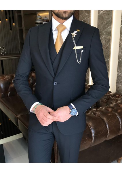 Italyan Stil Slim Fit Erkek Ceket Yelek Pantolon Takım Elbise Lacivert T9134 modelleri