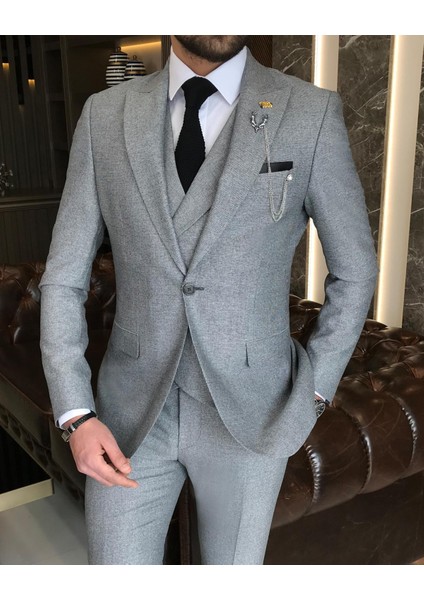 Italyan Stil Slim Fit Erkek Ceket Yelek Pantolon Takım Elbise Siyah T9127