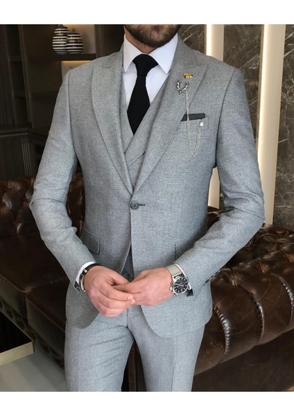 Italyan Stil Slim Fit Erkek Ceket Yelek Pantolon Takım Elbise Siyah T9127