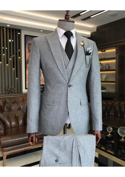 Italyan Stil Slim Fit Erkek Ceket Yelek Pantolon Takım Elbise Siyah T9127