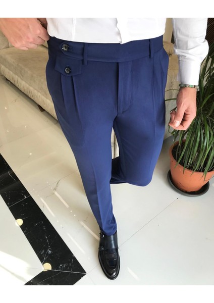 Italyan Stil Slim Fit Erkek Pileli Kumaş Pantolon Mavi T8848 modelleri