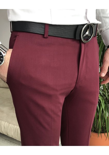 İtalyan stil slim fit erkek kumaş pantolon Bordo T6735 fırsatları