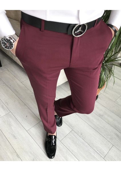 İtalyan stil slim fit erkek kumaş pantolon Bordo T6735