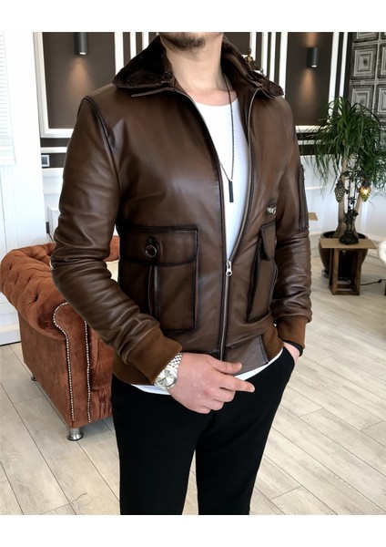 Kuzu Derisi Kürk Yaka Mont Deri Ceket Taba T5058