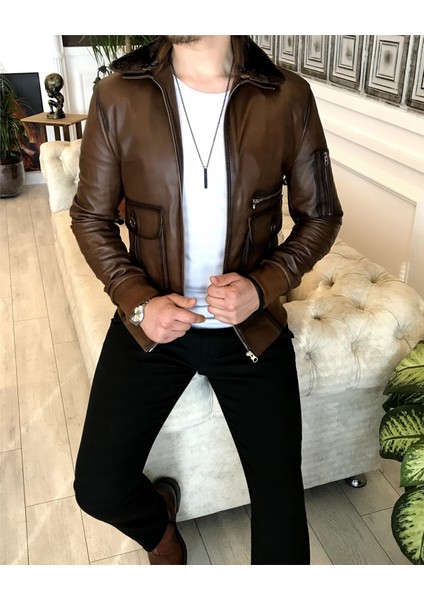 Kuzu Derisi Kürk Yaka Mont Deri Ceket Taba T5058 fırsatları