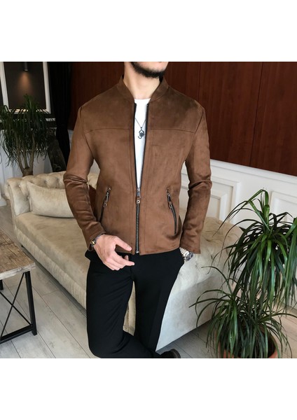 Italyan Stil Slim Fit Mevsimlik Erkek Süet Mont Kahverengi T9173