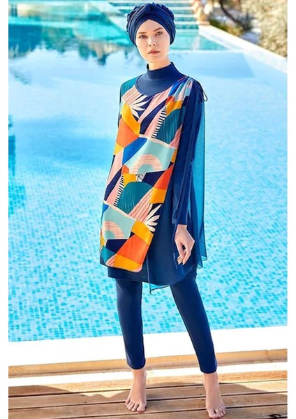 Kadın Uzun Kollu Tam Kapalı Pareolu Tasarım Tesettür Mayo 4360 Açık Lacivert